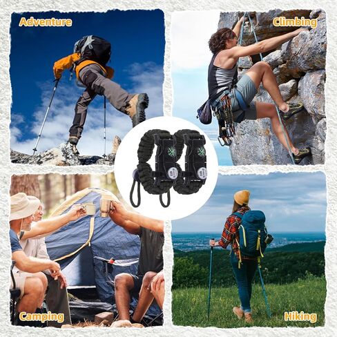 Adjustable Survival Paracord Bracelet, 2 Pack Emergency Fire Starter Kit with Loud Whistle Compass Light Flint Steel for Hiking Fishing Hunting, Tactical Gear Equipment Multitools in Kuwait