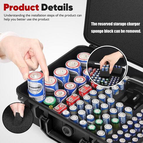 Battery Storage Case for 88 Batteries - Hard Organizer for AA/AAA / 9V /C/D Batterie and Storable Battery Charger. (Black) in Kuwait