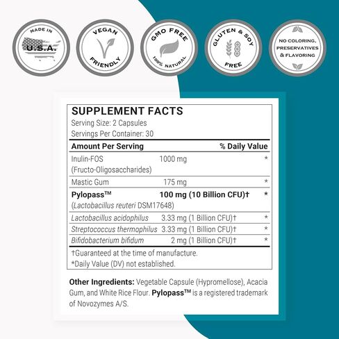 Supersmart - H. Pylori Fight Advanced Formula (Mastic Gum, Probiotics & Prebiotic) - Complete Action | Non-GMO & Gluten Free - 60 Vegetarian Capsules in Saudi Arabia