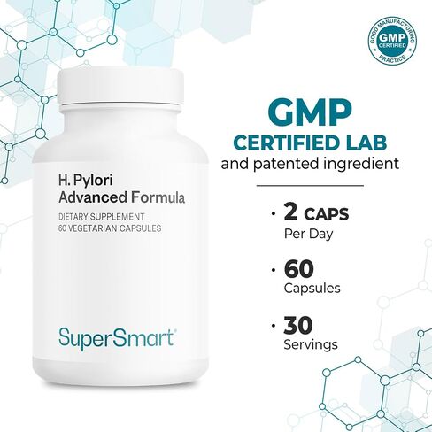 Supersmart - H. Pylori Fight Advanced Formula (Mastic Gum, Probiotics & Prebiotic) - Complete Action | Non-GMO & Gluten Free - 60 Vegetarian Capsules in Saudi Arabia