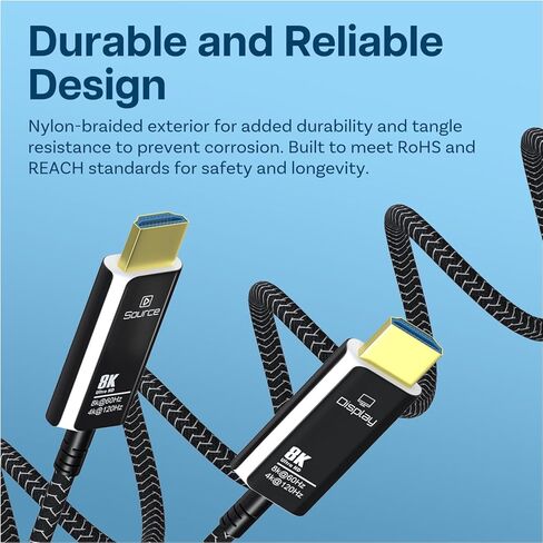 كابل ألياف ضوئية MMOBIEL HDMI 8K بطول 50 قدمًا - 48 جيجابت في الثانية فائق السرعة - 8K@60 هرتز، 4K@120 هرتز، HDR ديناميكي، ARC/eARC، HDMI 2.1، HDCP 2.2/2.3 - متوافق مع PS5/4، Xbox One، الكمبيوتر المحمول، Blu-ray والتلفزيون وما إلى ذلك. أسود in Saudi Arabia