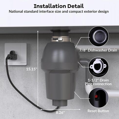 Garbage Disposal, 1 Hp Continuous Feed Food Waste Disposer with Air Switch, Compact Stainless Steel Food Waste Disposer, Food Waste Grinding System for Under Kitchen Sink, Gray in Saudi Arabia
