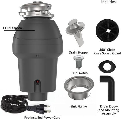 Garbage Disposal, 1 Hp Continuous Feed Food Waste Disposer with Air Switch, Compact Stainless Steel Food Waste Disposer, Food Waste Grinding System for Under Kitchen Sink, Gray in Saudi Arabia