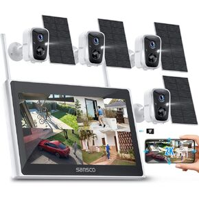 SANSCO 2K Wireless Security Camera System, 10CH 10" LCD Monitor NVR with Pre-Installed 128GB SD Card, 4PCS 4MP Solar WiFi Camera Outdoor, PIR Human Detection, 2-Way Audio, Color Night Vision