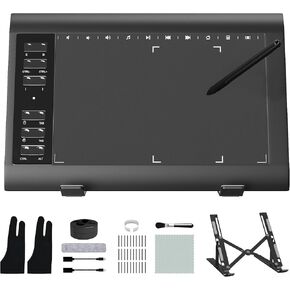 Graphic Drawing Tablet ienRon 10x6 Inch Sceen, Battery-Free 8192 Levels Pen,12 Hot Keys, Large Area for Digital Drawing Tablets&Design, Compatible with Windows/Android, Good Gift-Black, Bracket, Pad