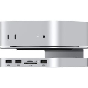 Qwiizlab Aluminum Stand Hub with SSD Enclosure, Docking Station for Mac Mini M4/M4 Pro, 2 USB-A 10Gbps, TF/SD 4.0 Card Readers 312MB/s, HDMI 4K 60Hz, USB-A 2.0, Fits M.2 NVMe SSD up to 8TB (Silver)