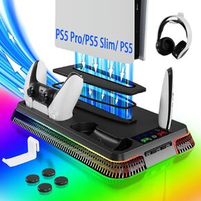 PS5 Pro Cooling Station,Cooling Station for ps5 Console,ps5 Holder with Controller Charger,PS5/PS5 Slim Holder with Cooling Fan,RGB Lights,Headset Holder, 3 USB Hub（Upgraded）