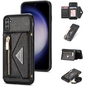 Wallet Case for Samsung Galaxy S24 FE 5G with Crossbody Shoulder Strap, Flip Purse PU Leather Zipper Pocket Card Slots Rugged Cell Accessories Phone Cover for S 24 EF S24FE 24S Women Men Green