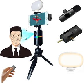 Auto Face Tracking Tripod 360 Rotation with Stand, Vlogging Kit for iPhone Andriod Phone,Content Creator Essentials,Smart Follow Phone Holder,with Light/Remote/WirlessMic