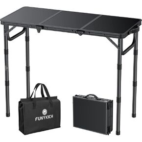 FUNYKICH 3ft Camping Folding Table with 3 Adjustable Height, Portable Picnic Tables, 34.2'' Lx15.7'' W Lightweight Aluminum Outdoor Table with Carry Handle for Camping, Picnic, Backyard, BBQ, Black