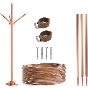 قضيب البرق، نظام حماية قضيب البرق النحاسي مع موصل سفلي 60 قدم 6AWG ومشبك قضيب أرضي مدرج في قائمة UL لمزرعة منزل من طابق واحد على سطح المنزل (1.7 قدم، قضيب البرق مع موصل سفلي) in Kuwait