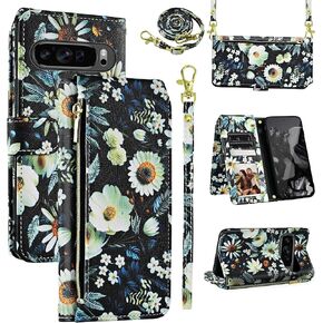 Wallet Case for Google Pixel 9 Pro XL With Detachable Wrist Strap Shoulder Strap, 9+ Card Slots Zipper Floral Leather Stand Card Holder Cell Phone Cover for Pixel9 9Pro 9ProXL Nine Women Brown