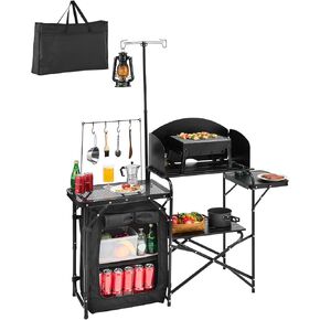 VEVOR Camping Kitchen Table, Outdoor Camp Cooking Table, Aluminum Portable Cook Station with 3 Storage Cupboard, Carrying Bag, Detachable Windscreen, Quick Set-up for BBQ Party Picnic RV Travel, Black