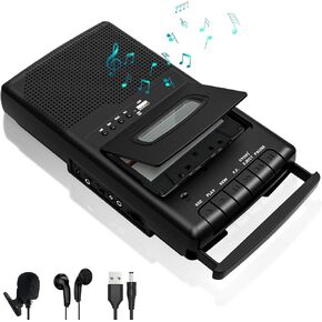 Cassette Player & Recorder with USB Lapel Microphone - USB Player & Portable Tape to MP3 Digital Converter with Headphone Jack, Dual Power (AC/Battery), Retractable Carry Handle