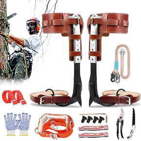 Upgrade Leather Tree Climbing Spikes Set, Adjustable Tree Climbing Gear Pole Climbing Spurs Tool with Harness Belt Scissors & Saw for Climbing Trees, Picking Fruit, Logging