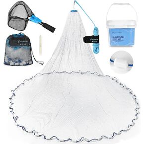 Calamus Cast Net 3/8" Mesh for Freshwater and Saltwater, 3ft-6ft Radius Casting Nets with Heavy-Duty Sinking Nylon Line, Mesh Storage Bag & Storage Bucket & Net Repair Kit