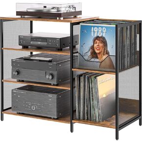 Large Professional Record Player Stand Table with Record Storage Holder, 4 Tier Rustic Media Console Table Stereo Stand Cabinet, Audio Video Shelving/Turntable Stand Shelf For Entertainment Center