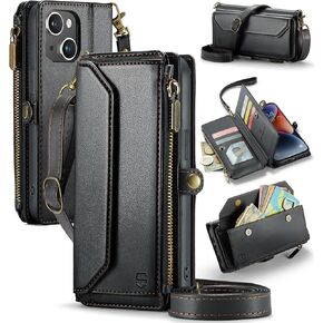 Crossbody Wallet Case Compatible with iPhone 13 RFID Blocking 7-Card Holder Soft PU Leather Magnetic Snap Shoulder Strap Zipper Pocket Phone Case Fit for iPhone 13 for Women 6.1" - Black