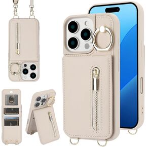 Crossbody Wallet Case for iPhone 13 Pro with Lanyard Strap Card Slot Holder RFID Blocking 360° Ring Kickstand,Magnetic Flip Folio Zipper Purse Case, PU Leather Cover Handbag,Beige