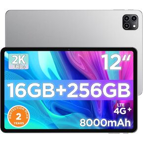 Android Tablet, 12 inch Large Screen Tablet, 1200 x 2000 IPS 2K Resolution Display, Reinforced Type-C Port, 18W PD Charger, 8000mAh Long Battery, 8MP+13MP Camera, WiFi 6 & Bluetooth 5.4
