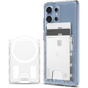Spigen Ultra Hybrid (MagFit+) Magnetic Wallet Card Holder (MagFit) Designed for Galaxy S25 Series Magnetic Case Only and iPhone 16/15/14/13/12 Models, Holds up to 3 Cards - Crystal Clear (MagFit+)