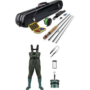Gonex Chest Waders Hunting Fishing Waders for Men Women Waterproof 70D Nylon Wader Green Size 12 with Fly Fishing Rod and Reel Combo Starter Kit