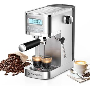 AMZCHEF Espresso Machine 20 Bar, Professional Espresso Maker with LCD Display & Milk Frother, Compact Stainless Steel Coffee Machine with Adjustable Temperature for Latte, Cappuccino, Home Use
