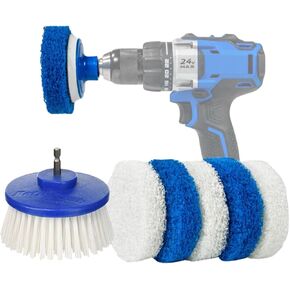 7 Pack Multi-Purpose Drill Brush Kit for Cleaning Bathrooms, Showers, Tubs, Tile, Floors, Sinks, Toilets, Grout and Grime Removal, Reversible Blue and White Scrub Pads