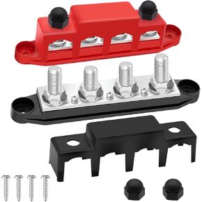 250A Marine Bus Bar 12V 4 x 3/8" Power Distribution Block,12v Power Distribution Block,Battery BusBar Terminal Block with Cover andNegative&Positive for Boat Automotive Solar Wiring,Buss bar