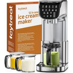 Ice Cream Maker Machine 12-in-1, Full Automatic Stainless Steel Homemade Ice Cream Maker for Sorbet, Milkshake, Frozen Yogurt & More, Easy to Clean Ice Cream Machine, (3) Family-Sized Tubs