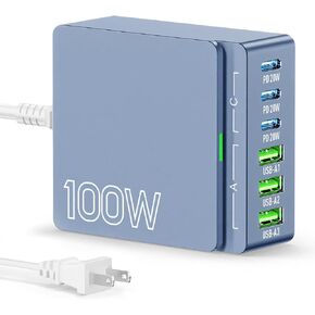 محطة شحن USB C Charger Block: 100W 6 Port Gan Fast Charging Brick Hub Cube Box - PD 3.0 Type C & USB محول طاقة شاحن الجدار لجميع iPhone iPad Samsung Android Pixel