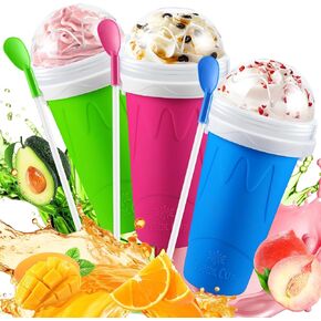 2 Pack Slushie Cup, Slushy Maker Cups, Magic Frozen Squeeze Cups for Ice Cream Juice Milk Yogurt, DIY Smoothie Cooling Cup with Lid and Straw for Kids Friends Family (Blue and Pink)