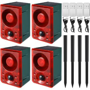 Qualirey 4 Pcs Solar Outdoor Motion Sensor Alarm with Stake Gunshot Sound Dog Barking, 3 Modes Support Recording and Adjustable Volume USB Charging 129 dB Loud Noise Maker for Animal Deterrent