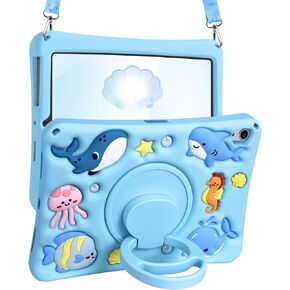 for iPad 10th Generation Case 10.9 Inch 2022 - for Girls Boys Cute Kawaii Girly Cover 3D Cartoon Ocean Design with Rotating Stand & Strap Silicone Blue Cases for iPad 10th Generation 10.9"