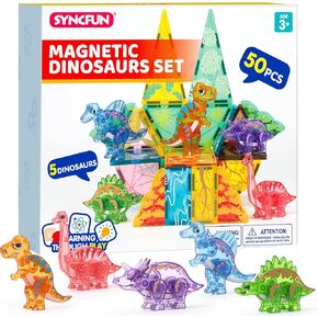 SYNCFUN Magnetic Building Tiles Dinosaur Set for Kids, 50PCS Including 5 Cute Dinosaurs, Educational STEM Toy for Boys & Girls Ages 3-5 4-8, Christmas Birthday Party Gift for Toddlers