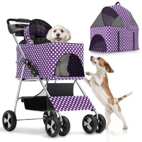 Magshion 3-in-1 Foldable Dog Stroller, 4-Wheel Pet Carrier w/Detachable Carrier, Cup Holder, Storage Basket, for Small/Medium Dogs Up to 33 lbs, Purple Polka Dots
