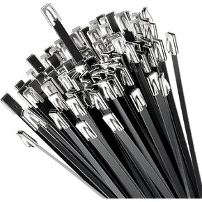 198LB Tensile Strength Black Heavy Duty Metal Zip Ties,UV Resistant 304 Stainless Steel Cable Ties, for Chain Link Fence Parts, Poultry Fence Outdoor fixed,Exhaust Wrap.11.8 Inch, 100 Pack.