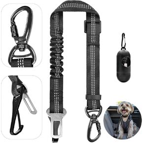 Dog Seat Belt for Car, Dog Car Harness Dog Seatbelt in Car, Safety Leash with Woven Elastic Nylon Buffer Adjustable Rotating Buckle and Dog Poop Bags (19.6-31.5in, Black,Two Pack)