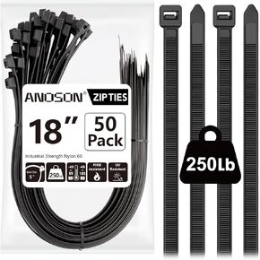 Large Zip Ties 18 inch (actual 20 inch), 50 Pack, Long Zip Ties Heavy Duty with 250 lb Tensile Strength, Big Cable Ties, Black, ANOSON