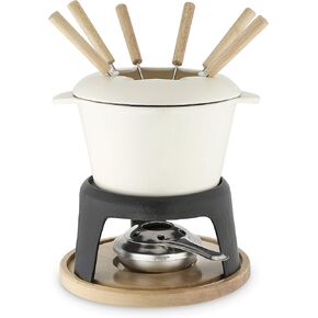 Twine Farmhouse Kitchen Enamel Cast Iron Metal Stand, Chocolate Melting, Cheese Fondue Pot Set, 8.5", Off-Cream