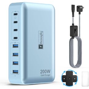USB C Fast Charger Block 200W, 8 Ports Charging Station for iPhone/Ipad/MacBook, 4C4A GaN Charger Box, Flat Plug Multi Chargers for All Devices 5ft Braided Power Cord with On/Off Switch