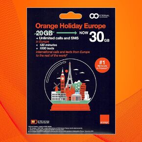 Preloaded Orange Travel Sim Card Now with 30GB of 4G Data, Unlimited Calls & SMS in Europe, 120 mins + 1000 SMS from Europe to Worldwide (Lasts for 14 Days). Tethering Allowed in Saudi Arabia