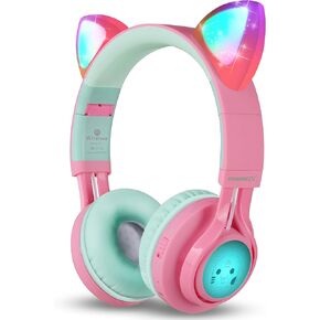 Riwbox CT-7 Cat Ear Bluetooth Headphones, LED Light Up Bluetooth Wireless Over Ear Headphones with Microphone and Volume Control for Travel/School/Smartphones/Laptop/PC/TV (Pink&Green)