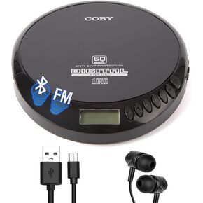 Coby CD Player Portable Bluetooth CD Player for Car, Headphones, FM, AUX, MP3 Anti-Skip CD Player for Home, Compact Discman, Rechargeable, Lightweight (Renewed)