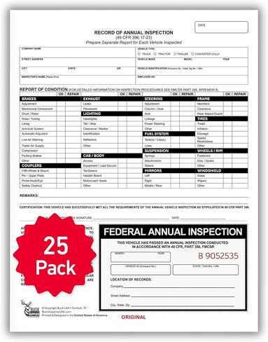 25 Pack Buck Record of Annual Inspection Forms with Inspection Decal, 2-Ply Carbonless Form, DOT Compliant, Fade-Resistant, Meets 49 CFR 396.21 & 396.17(c)(2) Standards, 9.5" x 11", Made in The USA in Saudi Arabia