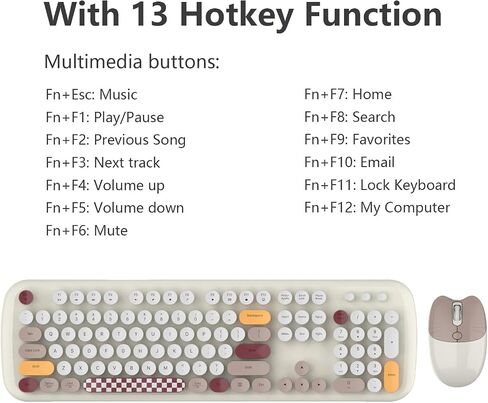 Wireless Keyboard and Mouse Combo, Retro Style Keyboard with Round Keycaps, 2.4GHz Dropout-Free Connection Mouse with 3 Adjustable DPI for Windows Notebook PC (White Colorful) in Saudi Arabia
