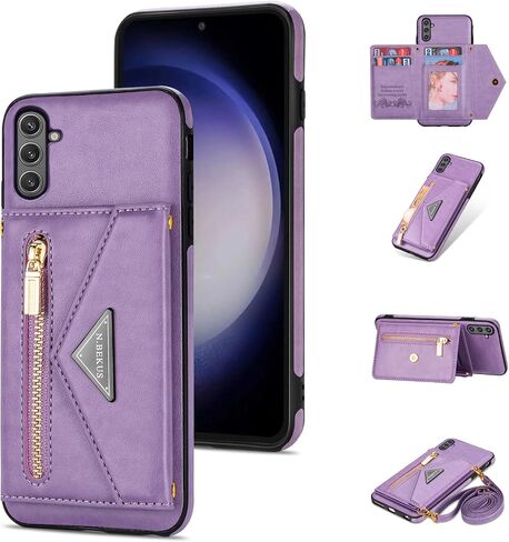 Wallet Case for Samsung Galaxy S24 FE 5G with Crossbody Shoulder Strap, Flip Purse PU Leather Zipper Pocket Card Slots Rugged Cell Accessories Phone Cover for S 24 EF S24FE 24S Women Men Green in Saudi Arabia