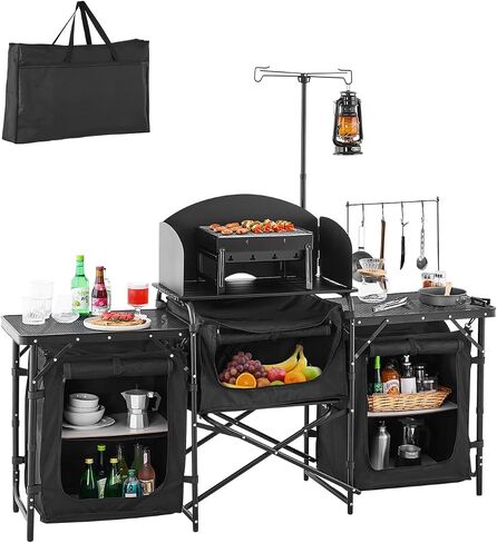VEVOR Camping Kitchen Table, Outdoor Camp Cooking Table, Aluminum Portable Cook Station with 3 Storage Cupboard, Carrying Bag, Detachable Windscreen, Quick Set-up for BBQ Party Picnic RV Travel, Black in Saudi Arabia