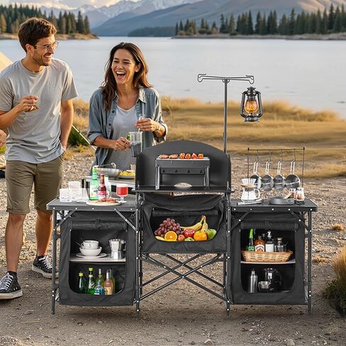 VEVOR Camping Kitchen Table, Outdoor Camp Cooking Table, Aluminum Portable Cook Station with 3 Storage Cupboard, Carrying Bag, Detachable Windscreen, Quick Set-up for BBQ Party Picnic RV Travel, Black in Saudi Arabia