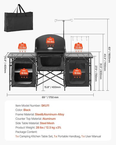VEVOR Camping Kitchen Table, Outdoor Camp Cooking Table, Aluminum Portable Cook Station with 3 Storage Cupboard, Carrying Bag, Detachable Windscreen, Quick Set-up for BBQ Party Picnic RV Travel, Black in Saudi Arabia